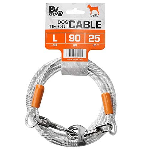 BV Dog Tie Out Cable 25 Feet - Heavy Duty Dog Lead up to 90 Pounds - Reflective & Rust-Free with Quick Release Swivel Clips & 360° Rotating Clasp - Tangle-Free Dogs Runner for Yard (Silver, Single) - Image 1