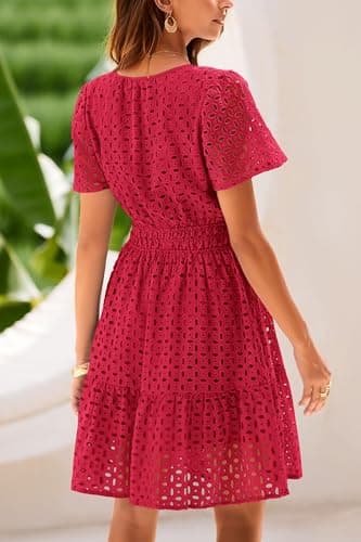PRETTYGARDEN Womens 2025 Summer Short Dress V Neck Short Sleeve A Line Hollow Out Lace Ruffle Cute Casual Beach Party Dresses (Red,Large) - Image 2