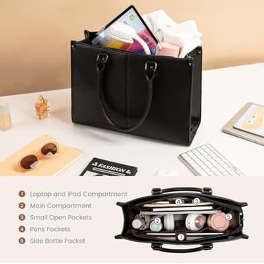 LOVEVOOK Laptop Tote Bag for Women, 15.6 Inch Large Capacity Vintage Leather Work Computer Bag, Business Casual Shoulder Handbag, Black - Image 4