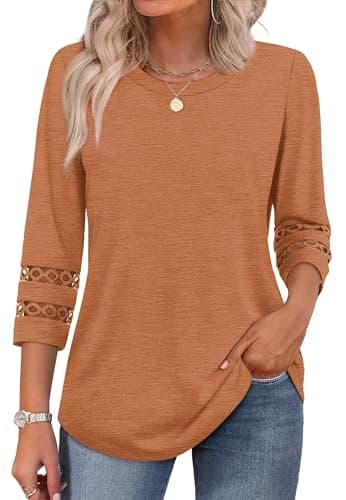 Womens Tops Dressy Casual 3/4 Length Sleeve Tshirts Shirts Work Blouses Beach Vacation Fall Clothes 2025 Caramel 2XL - Image 3