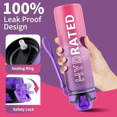 QLUR Water Bottle with Straw, 32oz Motivational Water Bottles with Time Marker to Drink, Tritan BPA Free, 1L Sports Water Bottle with Carry Strap LeakProof for Women Gym Fitness Outdoor (1 Pack) - Image 4