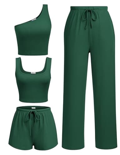 Ekouaer Womens 4 Piece Lounge Sets Ribbed Knit Crop Tank Top and Shorts Pants Casual Outfits Bright Green - Image 1
