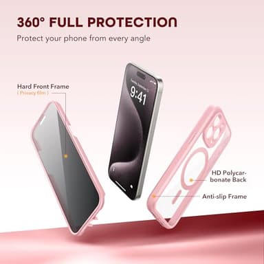 TIESZEN for iPhone 15 Pro Max Case, Compatible with MagSafe, Built-in Privacy Screen Protector and Camera Protection, Anti Spy Full Body Dustproof Shockproof Hard Phone Case 6.7", Pink - Image 3