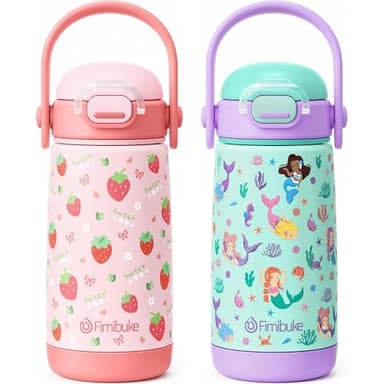 Fimibuke Kids Insulated Water Bottle with Straw Lid & Handle - 14oz BPA FREE 18/8 Stainless Steel Metal Tumbler Leak Proof Double Wall Vacuum Kids Cup Toddler Water Bottle for School Boys Girls - Image 1