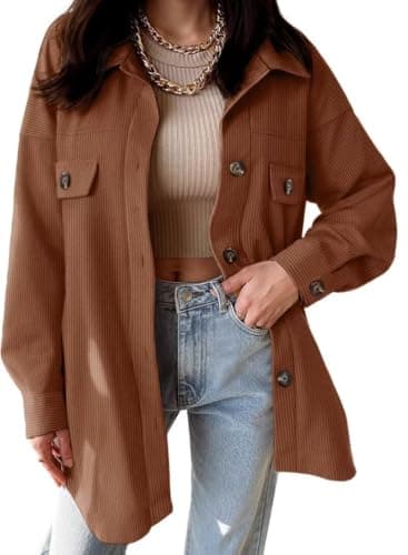 VICHYIE Womens Shirts Shacket Casual Long Sleeve Corduroy Lapel Oversized Button Down Blouses Tops Coat Coffee M - Image 1