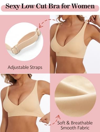 Deep V Bra Low Cut Sexy Push Up Bralettes for Women Padded Comfy Smoothing Wireless Lifting Bras Seamless Bralette, Nude, XL - Image 3