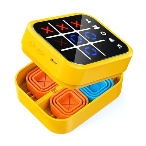 Focfundier Rechargeable Tic Tac Toe Game Box, Upgraded 5 Fun Brain and Memory Games, Compact Handheld Game Console, Portable Puzzle Travel Game Ideal Gifts for All Ages 3+ (Yellow) - Image 1
