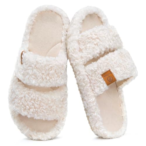 EverFoams Womens Fuzzy Open-toe Slippers Soft Comfy Memory Foam Indoor House Shoes Vanilla Ice,7-8 US - Image 1