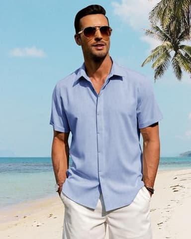 J.VER Men's Linen Shirts Casual Short Sleeve Button Down Shirt for Men Beach Summer Vacation Holiday Tops Sky Blue 4X-Large - Image 3