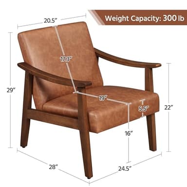Yaheetech PU Leather Accent Chair, Mid-Century Modern Armchair with Solid Wood Legs, Reading Leisure Chair with High Back for Living Room Bedroom Waiting Room, Brown - Image 3