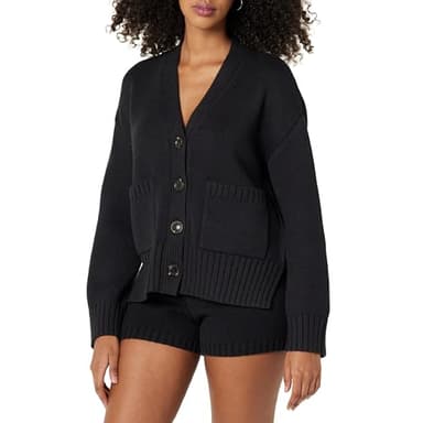 The Drop Women's Brigitte Cotton Blend Chunky Cardigan, Black, XL - Image 1