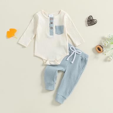 fhutpw Baby Boy Clothes 3 6 12 18 Months Ribbed Knitted Long Sleeve Romper and Pants Sets Newborn Fall Splicing Color Outfits (White&Blue, 3-6 Months) - Image 2