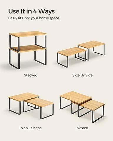 SONGMICS Cabinet Organizer Shelf, Set of 2 Kitchen Counter Shelves, Kitchen Storage, Spice Rack, Stackable, Expandable, Metal and Engineered Wood, Ink Black and Natural Beige UKCS02NB - Image 7