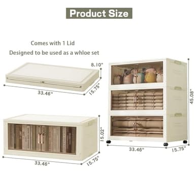 3Packs Stackable Storage Bins with Lid, 36 Gal Closet Organizer and Storaging Drawer, Collapsible Storage Box with Wheels, Plastic Clothes Storage Cabinet Containers for Home, Office, Dorm - Image 6