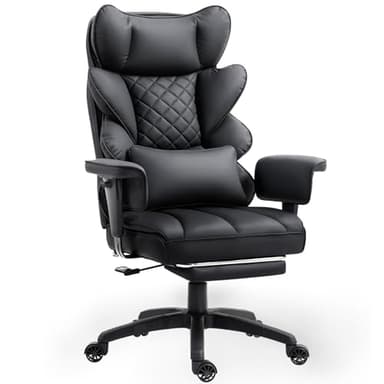 Dowinx Big and Tall Office Chair with Pocket Spring Cushion,High Back Computer Gaming Chairs with Adjustable Armrests and Lumbar Support,Executive Desk Chairs with Footrest(PU Leather,Black) - Image 1