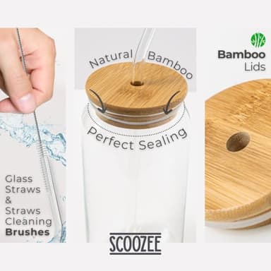Scoozee Iced Coffee Cups [4 Pcs-18Oz] Beer Glasses with Bamboo Lids & Glass Straws, & Straws, Coffee Tumbler, Housewarming Gifts, New Home - Image 5