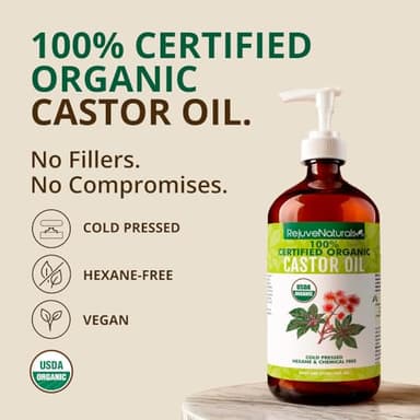 RejuveNaturals Castor Oil (16oz Glass Bottle) USDA Certified Organic, 100% Pure, Cold Pressed, Hexane Free. Boost Hair Growth for Thicker, Fuller Hair, Lashes & Eyebrows. - Image 2