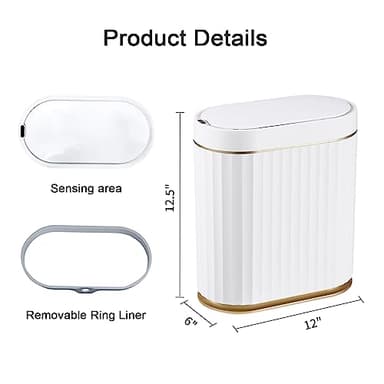 ELPHECO Automatic Motion Sensor Trash Can - 2 Gallon Slimline for Bathroom, Bedroom, Kitchen, Office - White with Gold Trim - Image 8