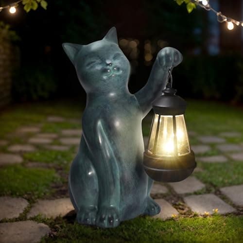 CJSUNYT Cat Garden Statue Solar Garden Decor Solar Light Outdoor Statues for Outside Resin Cat Figurines for Yard Patio and Lawn Gardening Mothers Day Gifts for Mom 7.3 * 5 * 10.8 inch - Image 1