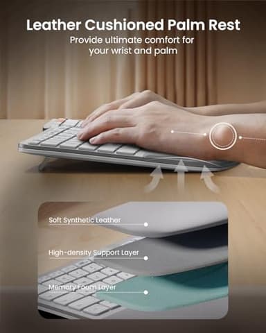 ProtoArc Backlit Bluetooth Ergonomic Keyboard, EK01 Plus Full Size Wireless Split Keyboard with Dual Bluetooth and USB, Cushioned Wrist Rest, Rechargeable, for Windows/Mac/Android, White and Silver - Image 6