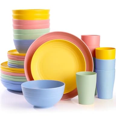 Gudvilla 32 pcs Unbreakable Lightweight Wheat Straw Dinnerware Sets for 8, Reusable Kids Plates and Bowls Sets Non Toxic, Microwave and Dishwasher Safe Plastic Dishes Set, Camping RV Picnic Dishes - Image 1