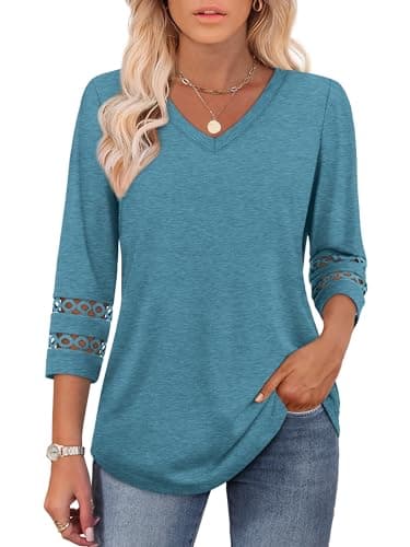 Business Casual Tops for Women 3/4 Length Sleeve Plus Size Tops for Women Summer V Neck Work Shirts Turquoise L - Image 2