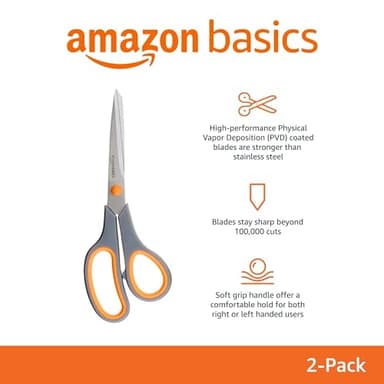 Amazon Basics Stainless Steel Scissors for Office, Crafts, Multipurpose, Sharp, Comfort Grip, PVD Coated, 2 Pack, Green and Grey - Image 2