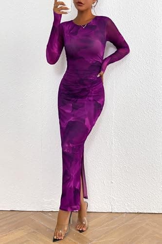 PRETTYGARDEN Women's Bodycon Maxi Dress Fall Spring Fashion Long Sleeve Floral Print Tight Fitted Party Club Ruched Dresses - Image 7