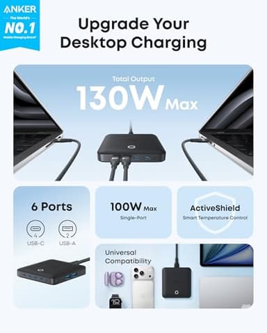 Anker Nano Charging Station, 130W Fast Charging, 6-Port Slim USB C Charger with 4 USB C, 2 USB A Ports, Compact, for iPhone 17, iPad, MacBook, Pixel, Galaxy, Home, Office and Travel (Non-Battery) - Image 2