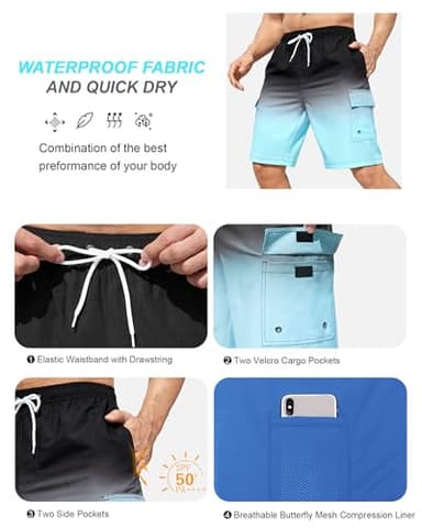 SILKWORLD Mens Swim Trunks 9" Swimming Shorts Quick-Dry Bathing Suits with Compression Liner and Cargo Pockets Gradient Black Grey Large - Image 6