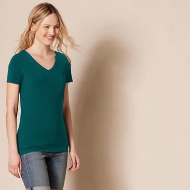 Amazon Essentials Women's Regular-Fit Short-Sleeve V-Neck T-Shirt, Pack of 2, Dark Green/Powder Blue, Large - Image 2