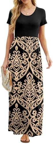 GRECERELLE Women Summer Crew Neck Casual Short Sleeve Solid Floral Print Long Maxi Dress with Pockets - Image 4