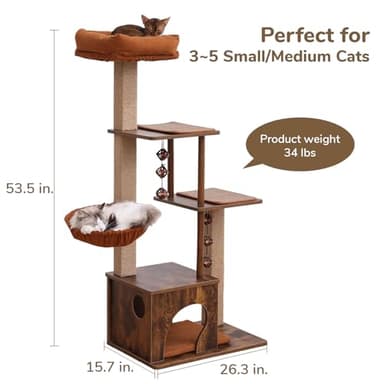 FUKUMARU Cat Tree, 4 in 1 Large Modern Cats Tower with Jute Scratching Post and Hammock, Wood Cat Condo with silvervine Balls, Brown Cat Climber Stand Playhouse for Indoor Cats, Retro Style - Image 3