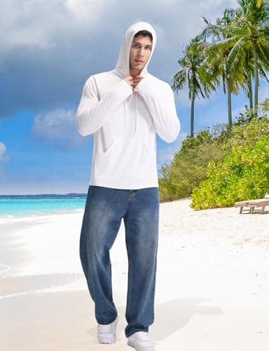 baleaf Swim Shirts Men Rash Guard Long Sleeve Sun Protection Hoodie UV Lightweight Athletic Running with Kangaroo Pocket Star White 3XL - Image 7