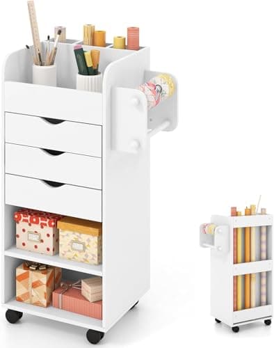 Nightcore Rolling Storage Drawer Cart, Mobile Chest of Drawers, 3 Shelves, 3 Slots, 2 Rolling Rods, Organizer Cabinet w/Lockable Casters, Wide Storage Space for Home Office, Living Room, Study (White) - Image 1