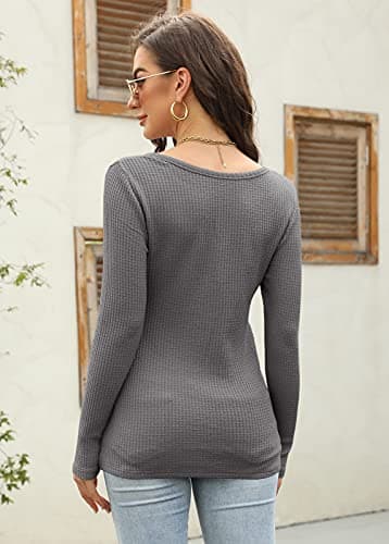 Women's V Neck Waffle Knit Henley Tops Casual Long Sleeve Pullover Sweater Blouses (Dark Grey, Medium) - Image 3
