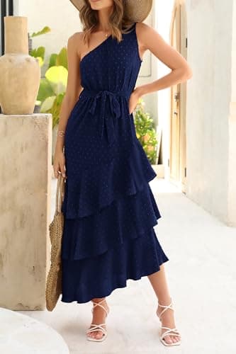 PRETTYGARDEN Women's Summer Floral Sundress Casual One Shoulder Tiered Ruffle Flowy Midi Beach Boho Dresses (Swiss Dot Navy,Large) - Image 4