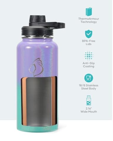 BUZIO 32 oz Water Bottle Insulated with Straw & 3 lid and Carrying Pouch, Leak Proof Anti-Slip Stainless Steel Water Flask Jug, Cold for 48 Hrs Double Vacuum Thermo Canteen, Pearlescent Purple Green - Image 4