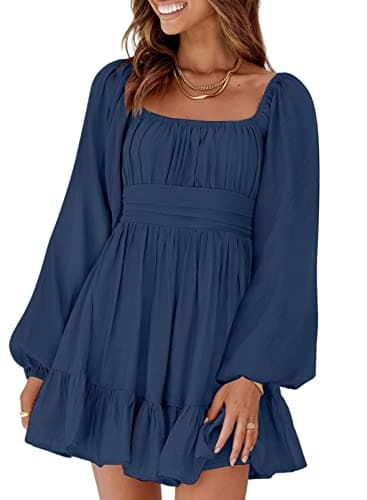 Dokotoo Women's Square Neck Off The Shoulder Dresses Tie Back Long Lantern Sleeve Ruffle A-Line Mini Dress Shirred Elastic Waist Casual Dresses Small Dark Blue - Image 1