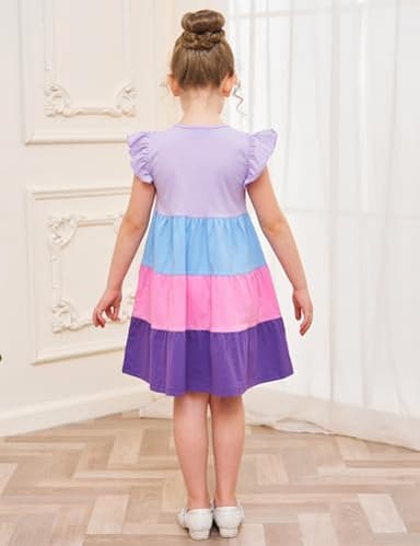 Little Girl Summer Dress Cotton Pocket Easter Ruffle Short Sleeve Tiered Swing Twirly Casual Sundress Dresses for Girls Clothes Outfits Clothing Color Block Lilac 6-7 Years - Image 5