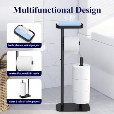 Kitsure Toilet Paper Holder Free Standing – Rustproof Metal Toilet Paper Stand for 4 Rolls with Anti-Slip Base and Shelf for Phone & Small Items, Bathroom Organizers and Storage, Medium, Black - Image 4