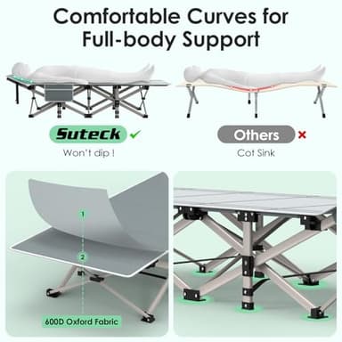 Suteck Camping Cot, Folding Camping Cot Bed for Adults Sleeping 1200D Double Layer Oxford Portable Folding Outdoor Cots for Camping W/Soft Pad Carry Bag for Home Office Nap Beach Travel, 500LBS,Grey - Image 4