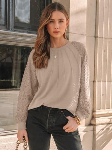 AUTOMET Womens Long Sleeve Shirts Lace Tops Business Casual Blouses 2025 Fall Fashion Teacher Outfits Trendy Clothes Knit T Y2k Ladies Dressy Work Professional Clothing Khaki L - Image 2