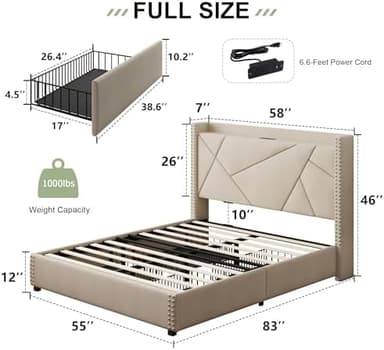 Feonase Full Size Platform Bed Frame with 4 Storage Drawers, Upholstered Wingback Bed Frame with Charging Station, Solid Wood Slats Support, Beige - Image 4