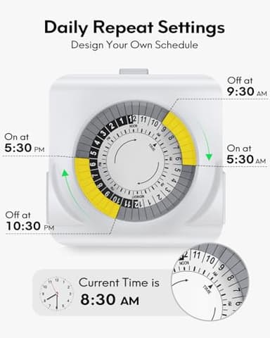Timers for Electrical Outlets Indoor, Dual 3 Prong Outlet, 24-Hour Plug-in Mechanical Lights Timer for Christmas Lights, Grow Lights, 30-Minute Intervals, Daily Cycle, ETL Listed - Image 3