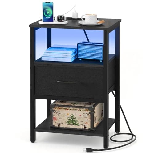 Yoobure Side Table with Storage, LED Night Stand with Charging Station, End Tables Living Room, Nightstand for Bedroom with Adjustable Fabric Drawer, 3-Tier Wood Bedside Table, Black - Image 1