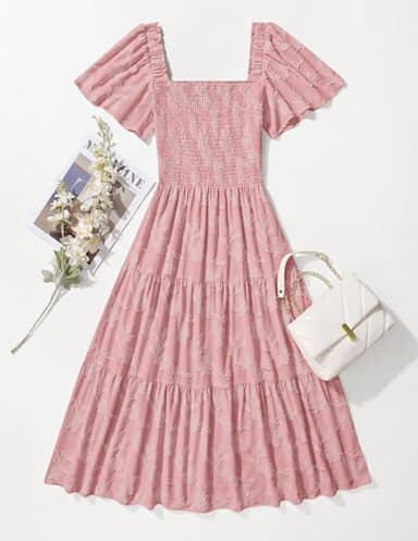 ZESICA Women's Summer Boho Floral Midi Dresses 2025 Casual Short Sleeve Square Neck Flowy Beach Vacation Long Dress,Pink,X-Large - Image 6