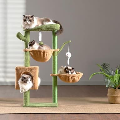 Heybly Cat Tree, 39.4 Inches Cactus Tower Condo with Scratching Post, Cat Tower for Indoor Cats, Fully Wrapped Sisal Pole, Soft Platform, 2 Baskets and Dangling Toy, Green and Yellow HCT006SGY - Image 8