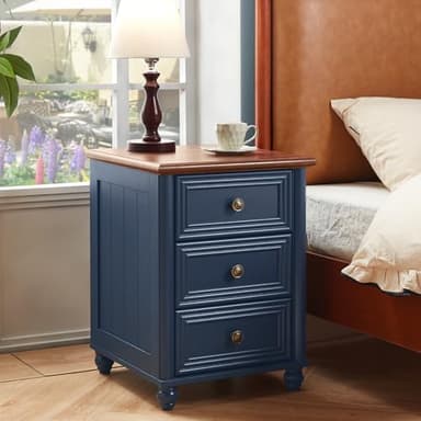 RWYHG 18" Farmhouse Night Stand Set of 2, Blue Wood Nightstand with 3 Drawers, Bedside End Table with Storage and Roman Column, Bed Side Tables Cabinet for Bedroom, Living Room, and Closet - Image 2