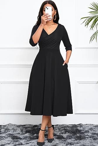 Nmoder Women's Casual Wrap Flared Midi Dress Wedding Guest Cocktail Tea Dresses A-Line Swing V-Neck 3/4 Sleeve Black XL - Image 2